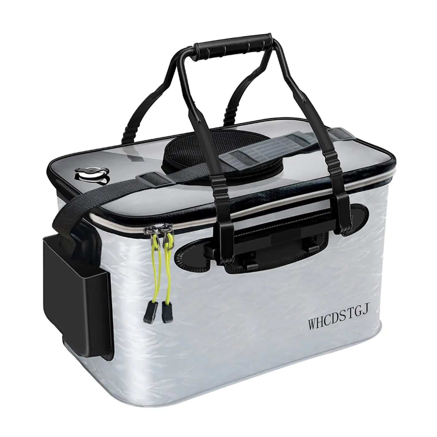 Clear fishing tackle box with black straps on a white background
