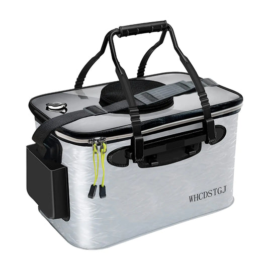 Clear fishing tackle box with black straps on a white background