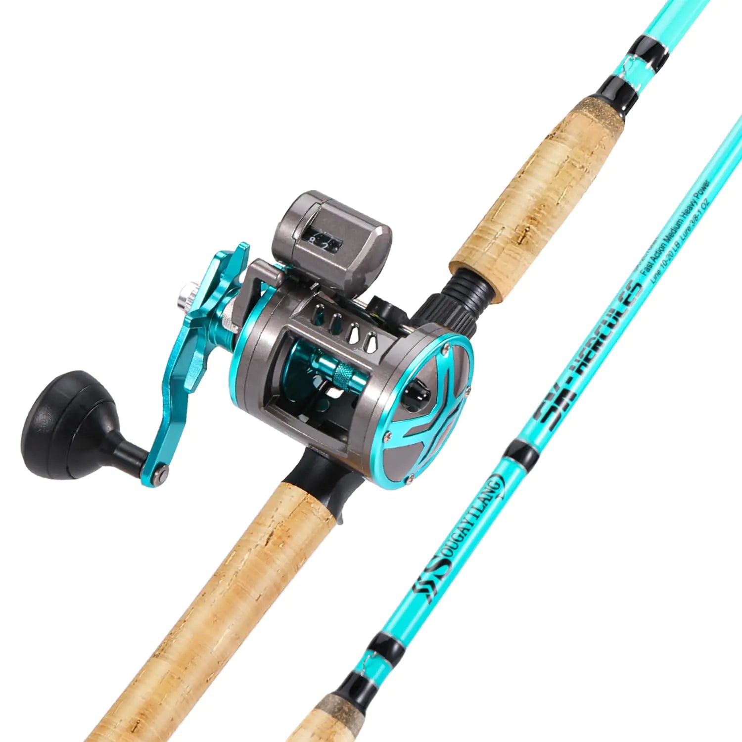 Fishing rod and reel set with turquoise and wooden design on a white background