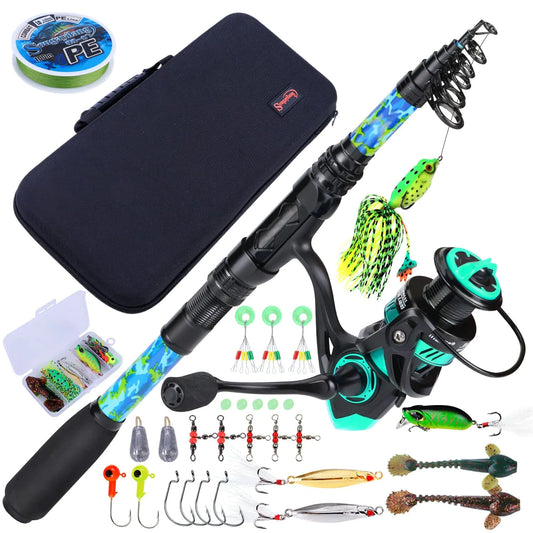 Fishing rod and reel set with accessories on a white background