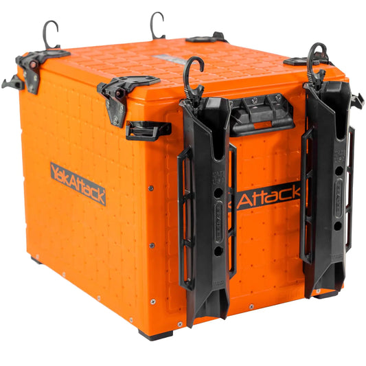 Orange storage box with black straps and 'Attack' branding on a white background