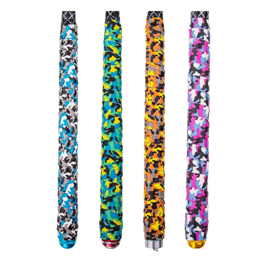Four colorful camouflage-patterned objects on a white background